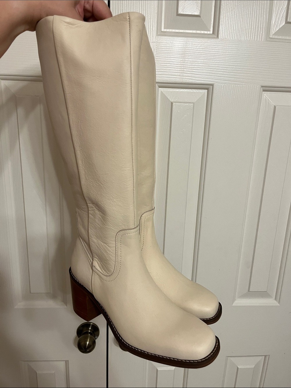 Cream Leather Mid-Calf Block-Heel Boots